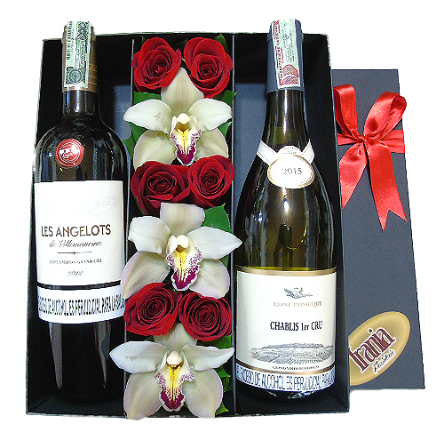 Rosas y Orquideas en caja con 2 vinos frances, irania floristeria bogota
