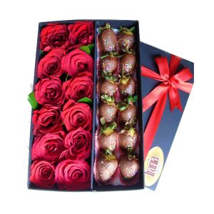 12 rosas con 12 fresas con chocolate en caja irania floristeria bogota