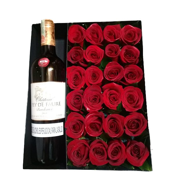 ROSAS y vino frances en caja irania floristeria bogota