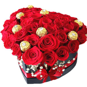 caja de corazón rosas con chocolate Ferrero irania floristería