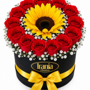 caja de rosas con girasol